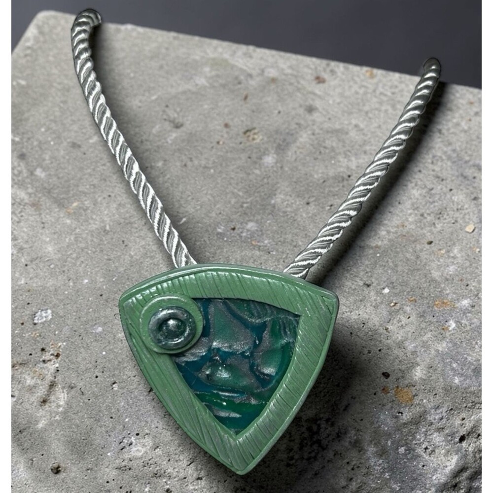 Handmade Blue Green & Silver Polymer Clay Pendant Necklace on Silk Cord SS Clasp
